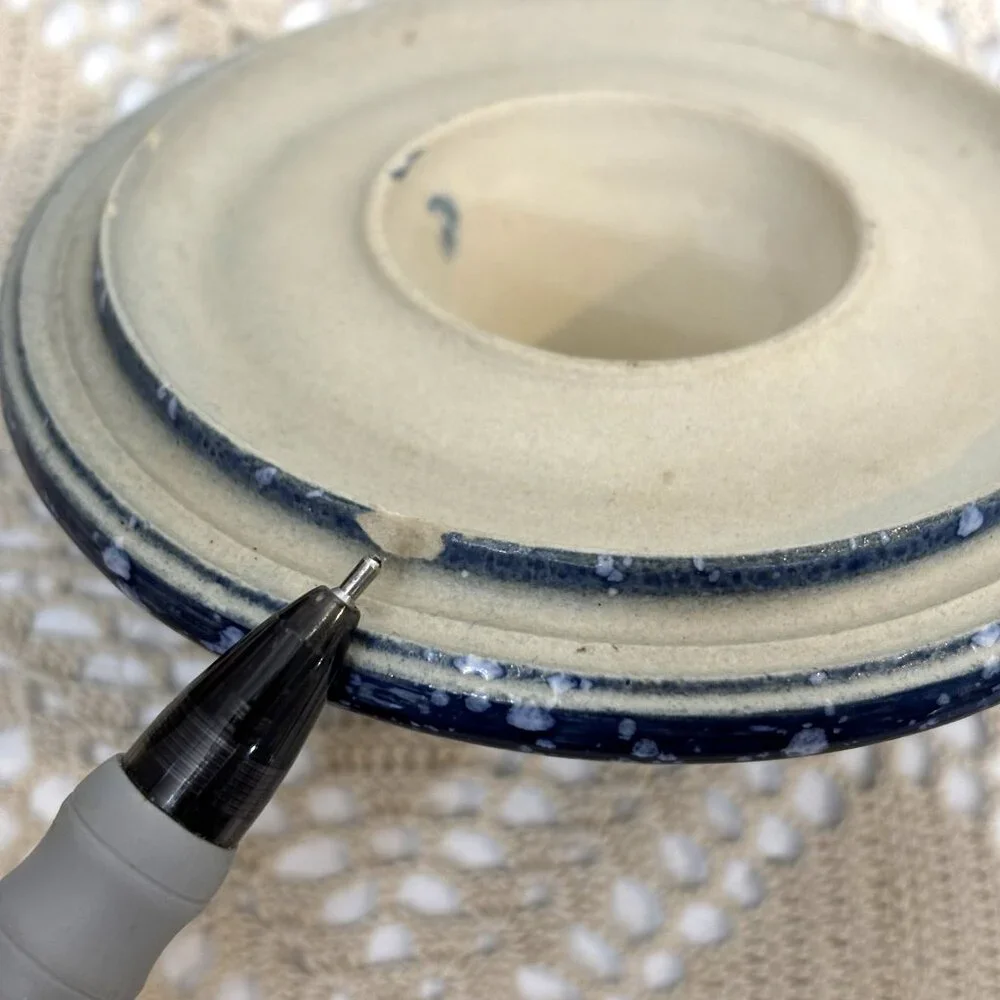 * Stoneware Cheese Butter Crock Jar wire Bail Lid Speckled Cobalt Blue Vintage